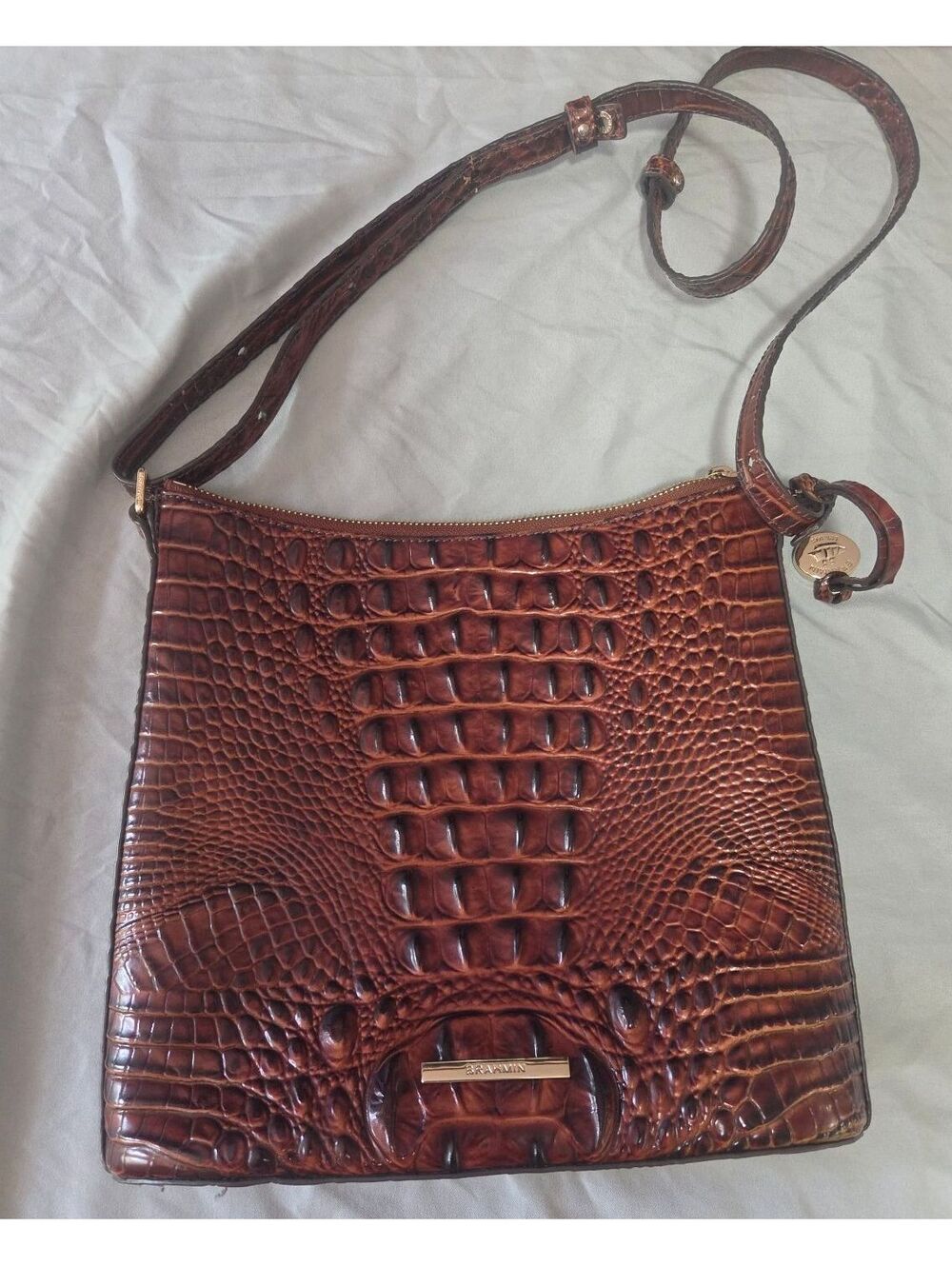 Brahmin Pecan Brown Croc Embossed Leather Shoulder Crossbody Bag Gold Hardware